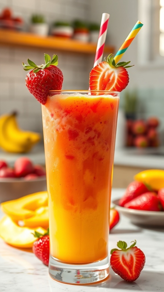 A tall glass of Strawberry Mango Sunrise smoothie garnished with strawberry and mango slice, set in a bright kitchen.